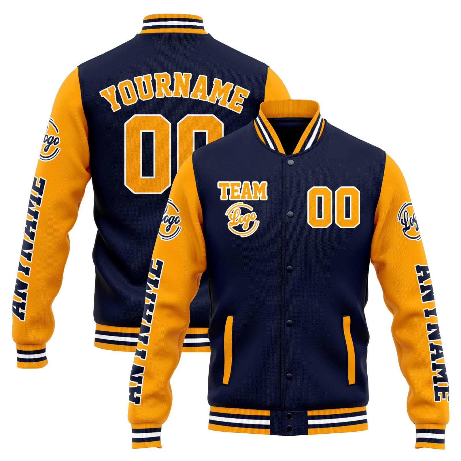 Chaqueta universitaria personalizada estilo Letterman para hombres-mujeres y jóvenes-color azul marino y naranja
