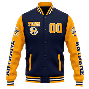 Chaqueta universitaria personalizada estilo Letterman para hombres-mujeres y jóvenes-color azul marino y naranja