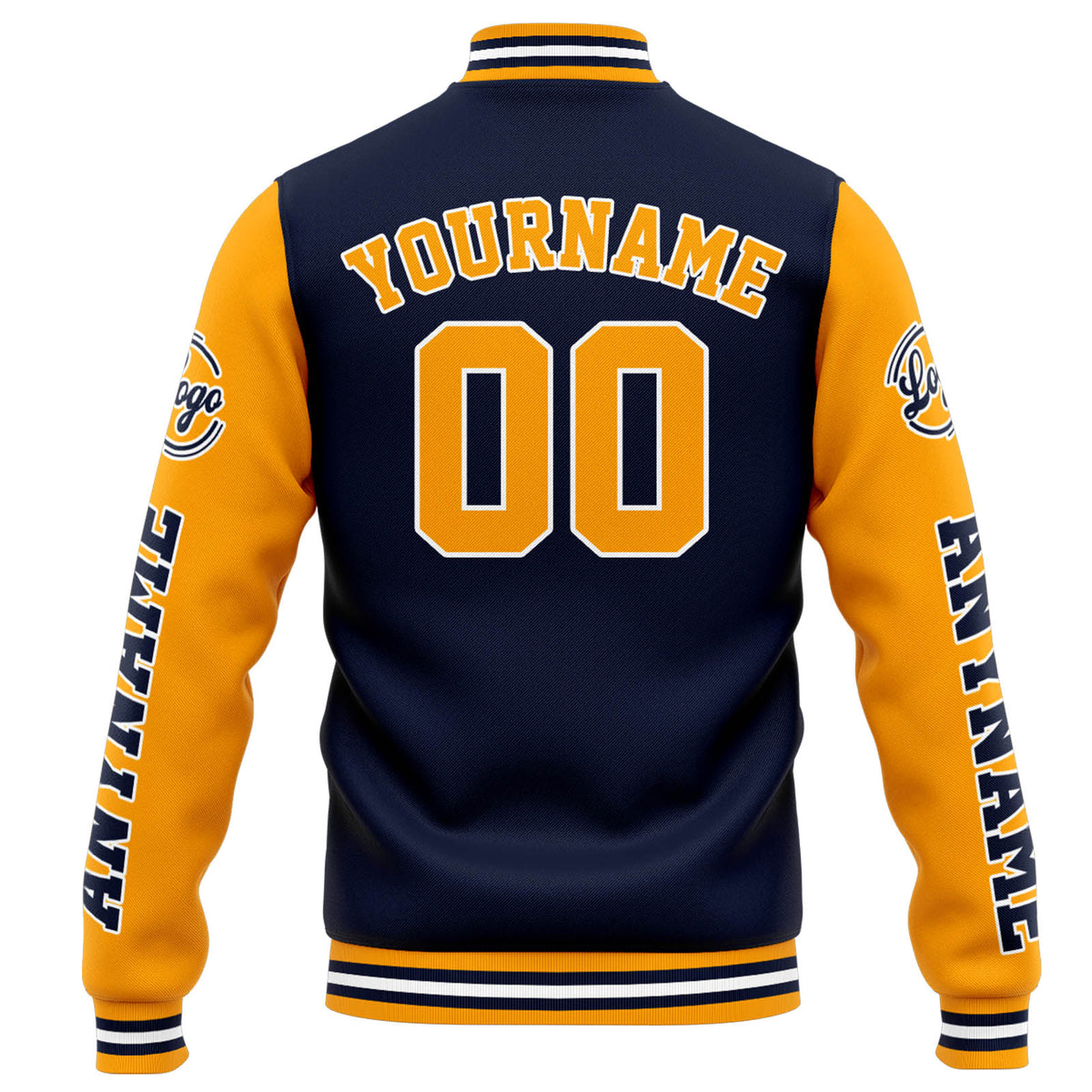 Chaqueta universitaria personalizada estilo Letterman para hombres-mujeres y jóvenes-color azul marino y naranja