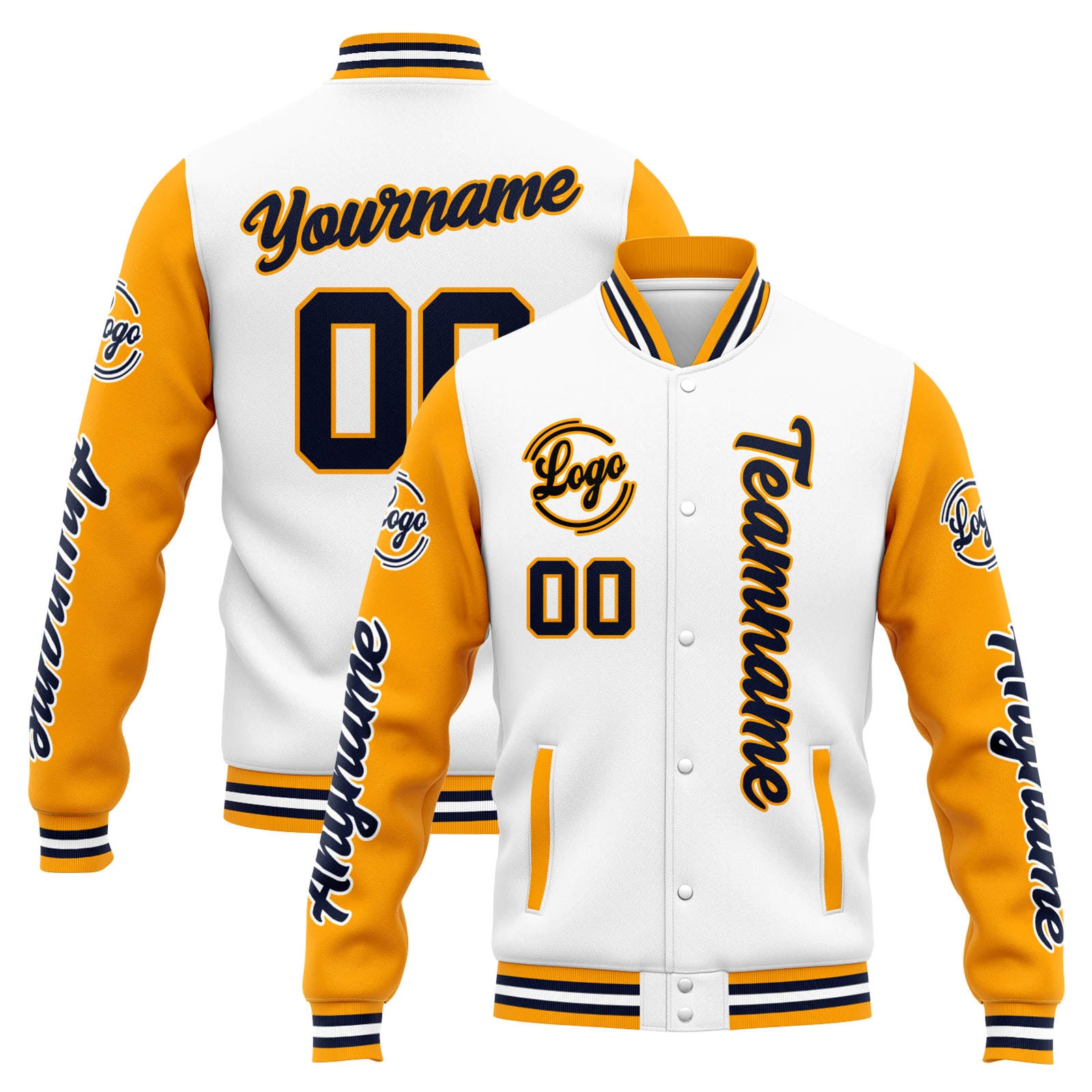 Chaqueta universitaria personalizada estilo Letterman para hombres-mujeres y jóvenes en blanco-naranja y azul marino