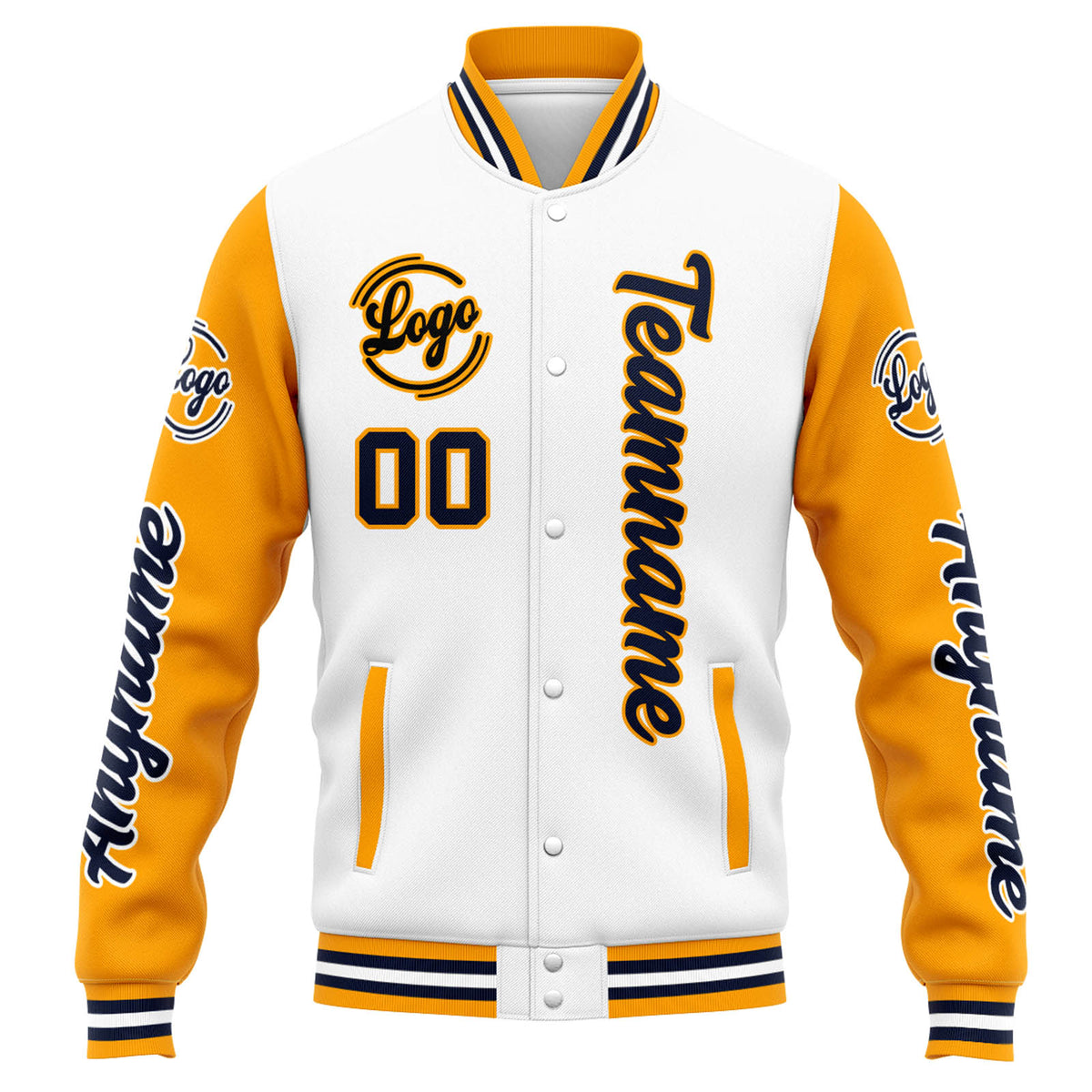 Chaqueta universitaria personalizada estilo Letterman para hombres-mujeres y jóvenes en blanco-naranja y azul marino
