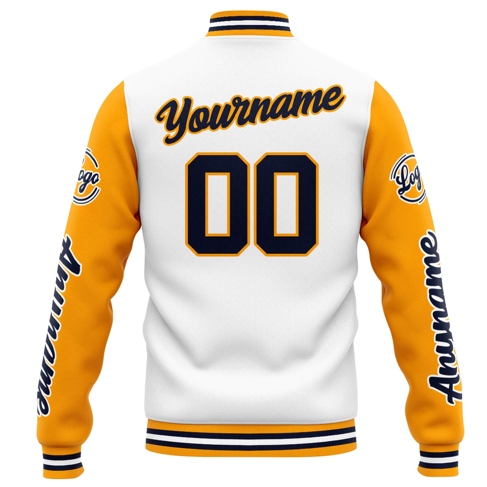 Chaqueta universitaria personalizada estilo Letterman para hombres-mujeres y jóvenes en blanco-naranja y azul marino