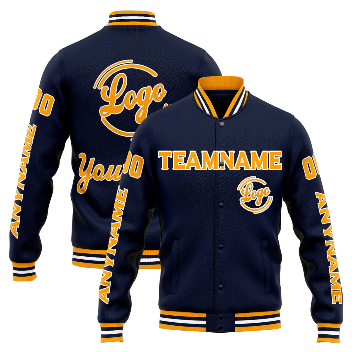 Chaqueta universitaria personalizada estilo Letterman para hombres-mujeres y jóvenes-color azul marino y naranja