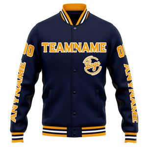 Chaqueta universitaria personalizada estilo Letterman para hombres-mujeres y jóvenes-color azul marino y naranja