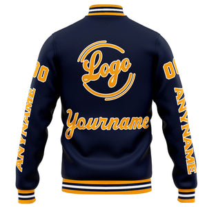 Chaqueta universitaria personalizada estilo Letterman para hombres-mujeres y jóvenes-color azul marino y naranja