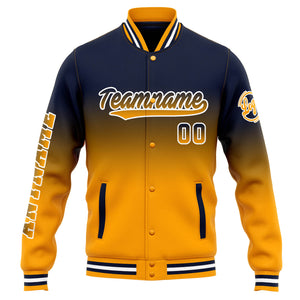 Chaqueta universitaria personalizada estilo Letterman para hombres-mujeres y jóvenes-color azul marino con degradado naranja