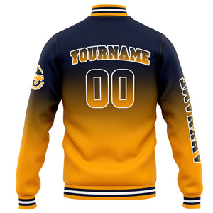 Chaqueta universitaria personalizada estilo Letterman para hombres-mujeres y jóvenes-color azul marino con degradado naranja