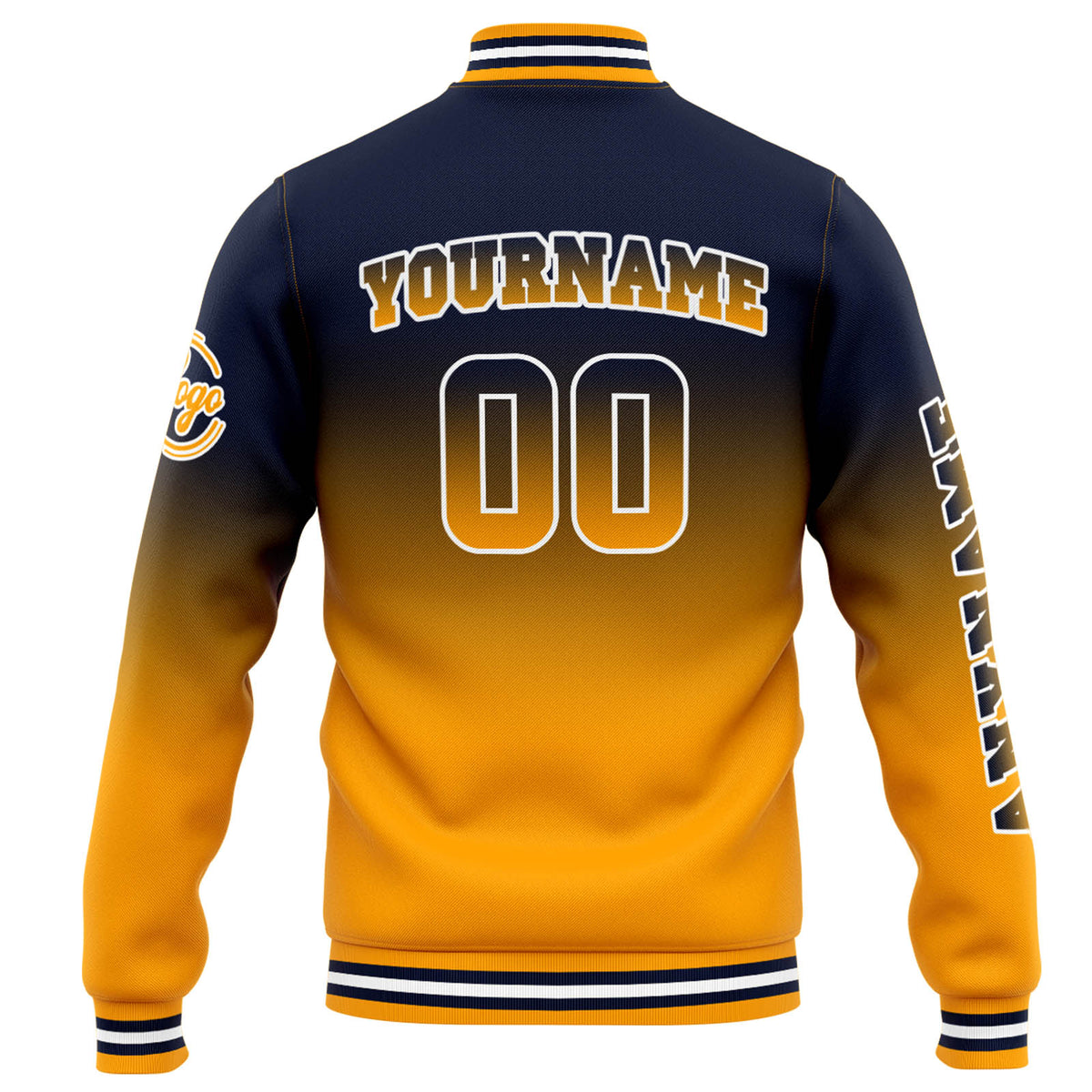 Chaqueta universitaria personalizada estilo Letterman para hombres-mujeres y jóvenes-color azul marino con degradado naranja