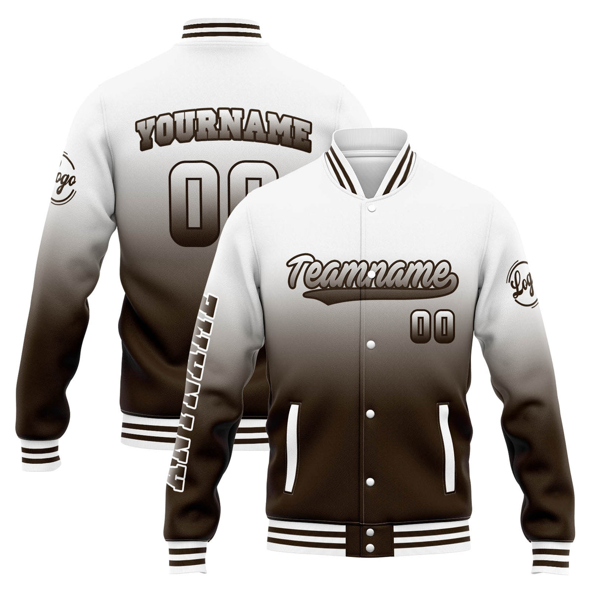 Chaqueta universitaria personalizada estilo Letterman para hombres-mujeres y jóvenes-color blanco con degradado marrón