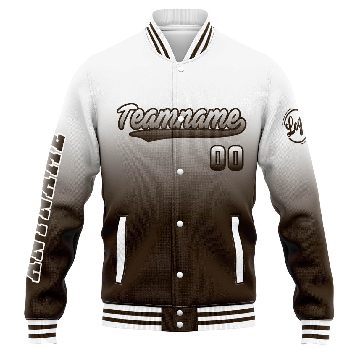 Chaqueta universitaria personalizada estilo Letterman para hombres-mujeres y jóvenes-color blanco con degradado marrón