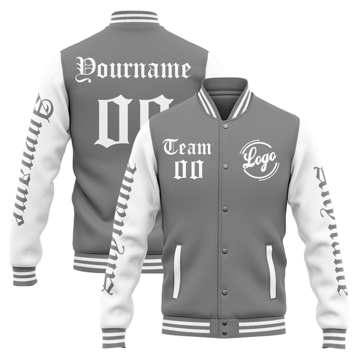 Chaqueta universitaria personalizada estilo Letterman para hombres-mujeres y jóvenes-color gris y blanco