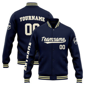 Chaqueta universitaria personalizada estilo Letterman para hombres-mujeres y jóvenes-color azul marino y crema