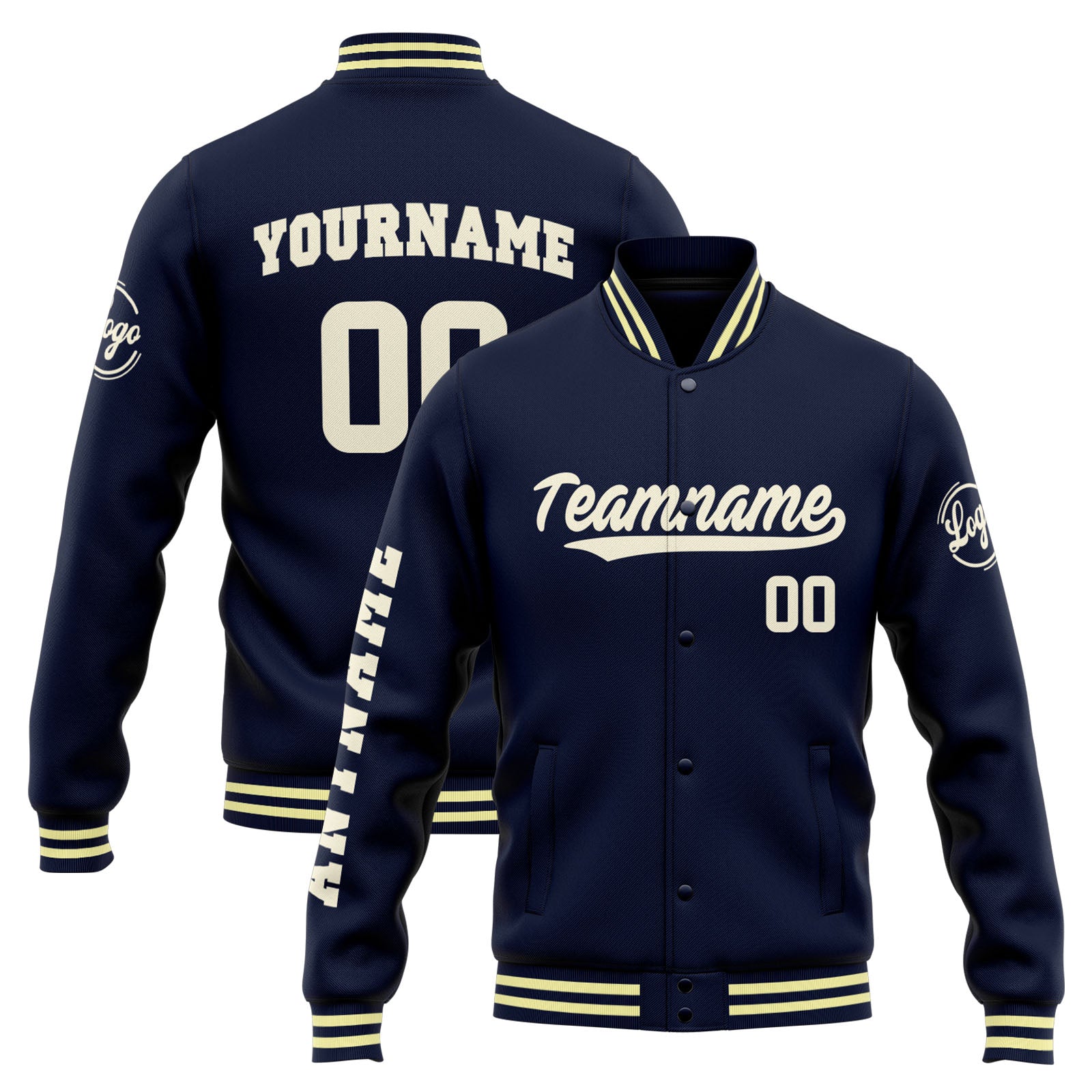 Chaqueta universitaria personalizada estilo Letterman para hombres-mujeres y jóvenes-color azul marino y crema