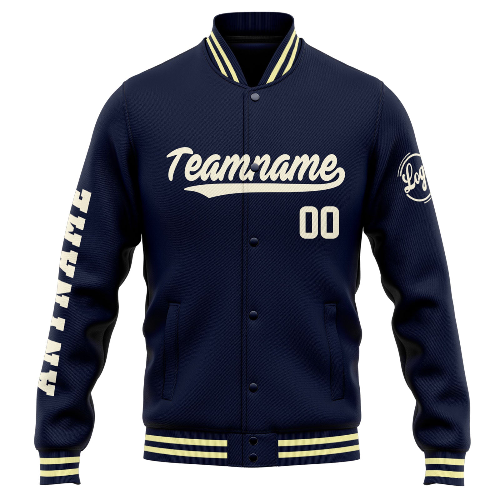 Chaqueta universitaria personalizada estilo Letterman para hombres-mujeres y jóvenes-color azul marino y crema