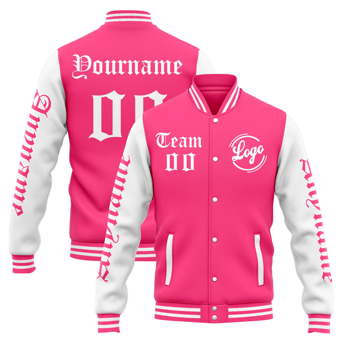 Chaqueta universitaria personalizada estilo Letterman para hombres-mujeres y jóvenes-color rosa y blanco