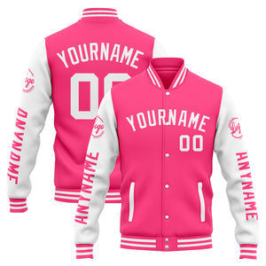Chaqueta universitaria personalizada estilo Letterman para hombres-mujeres y jóvenes-color rosa y blanco