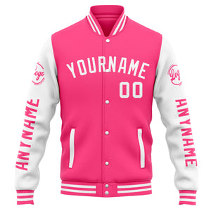 Chaqueta universitaria personalizada estilo Letterman para hombres-mujeres y jóvenes-color rosa y blanco
