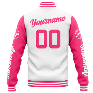 Chaqueta universitaria personalizada estilo Letterman para hombres-mujeres y jóvenes-color blanco y rosa