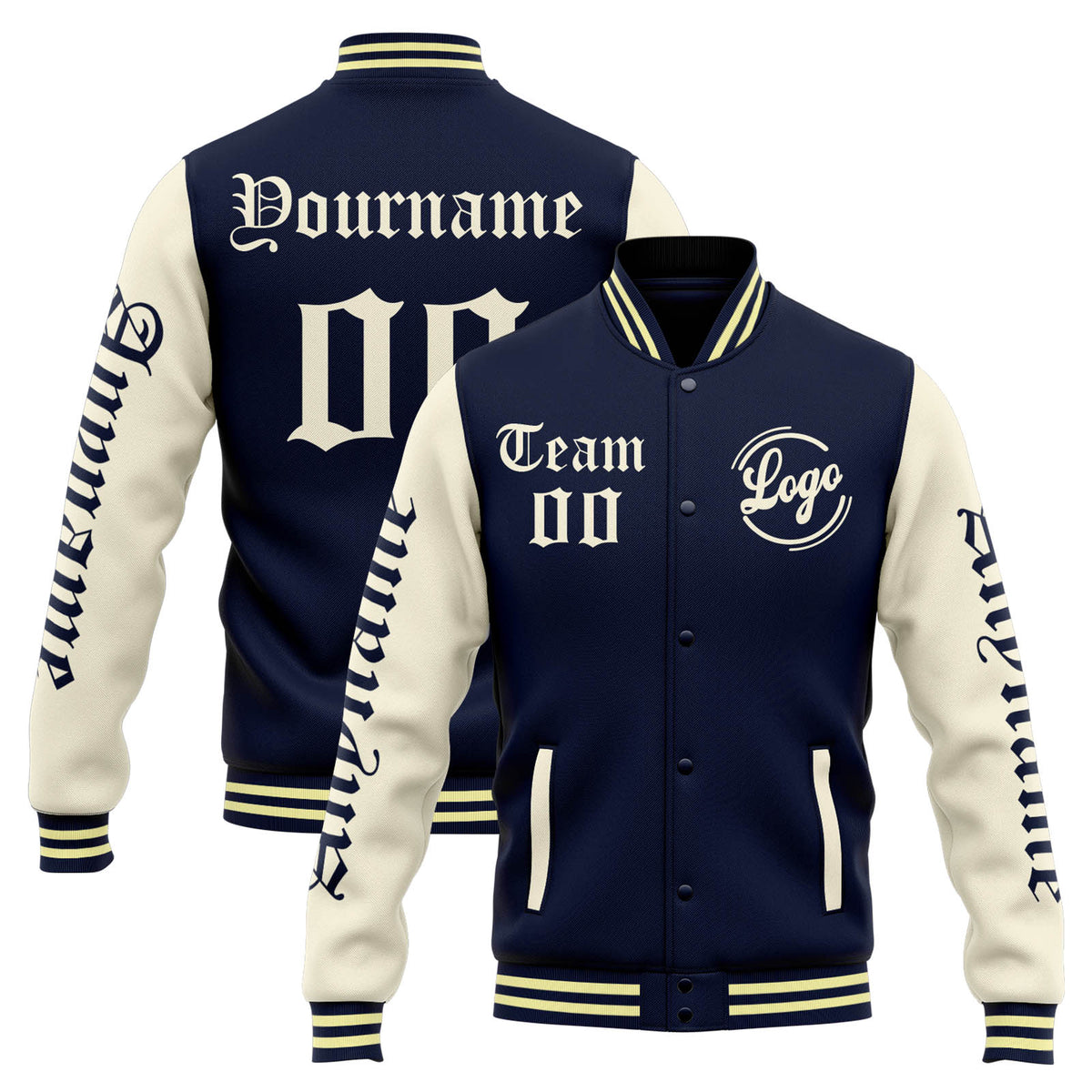 Chaqueta universitaria personalizada estilo Letterman para hombres-mujeres y jóvenes-color azul marino y crema