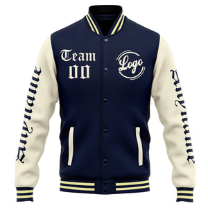 Chaqueta universitaria personalizada estilo Letterman para hombres-mujeres y jóvenes-color azul marino y crema