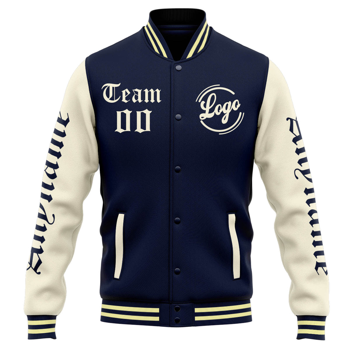 Chaqueta universitaria personalizada estilo Letterman para hombres-mujeres y jóvenes-color azul marino y crema