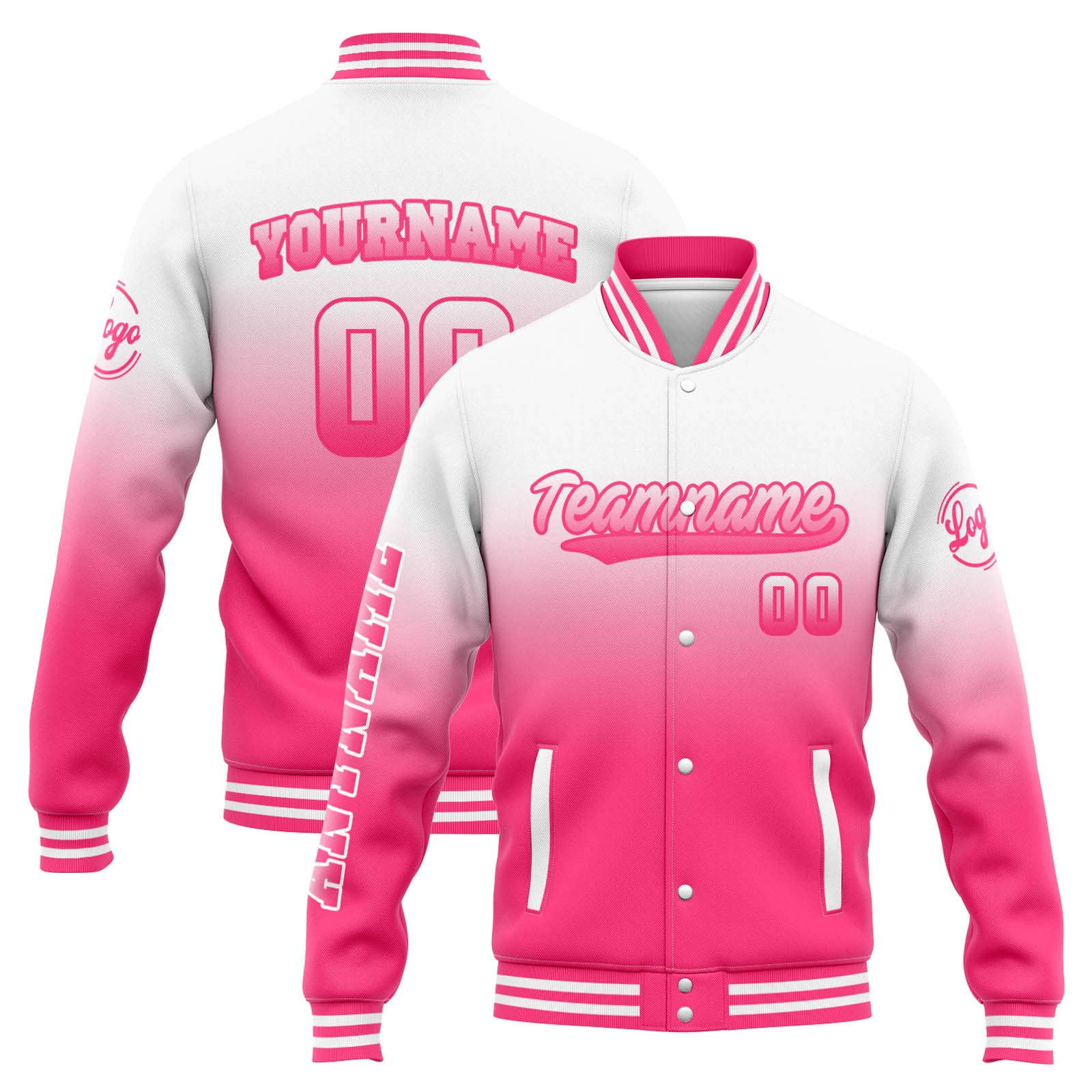 Chaqueta universitaria personalizada estilo Letterman para hombre y mujer-color blanco y rosa degradado