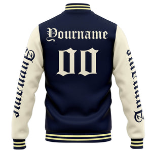 Chaqueta universitaria personalizada estilo Letterman para hombres-mujeres y jóvenes-color azul marino y crema