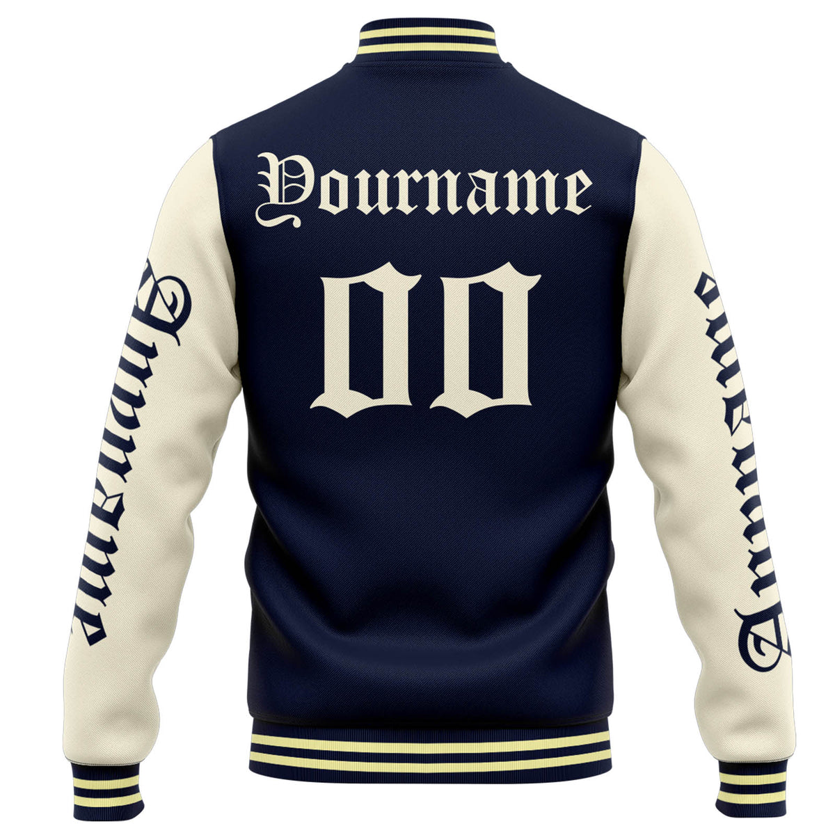 Chaqueta universitaria personalizada estilo Letterman para hombres-mujeres y jóvenes-color azul marino y crema