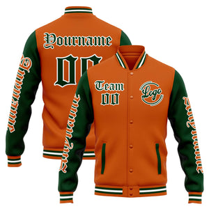 Chaqueta universitaria personalizada estilo Letterman para hombres-mujeres y jóvenes-color naranja y verde oscuro