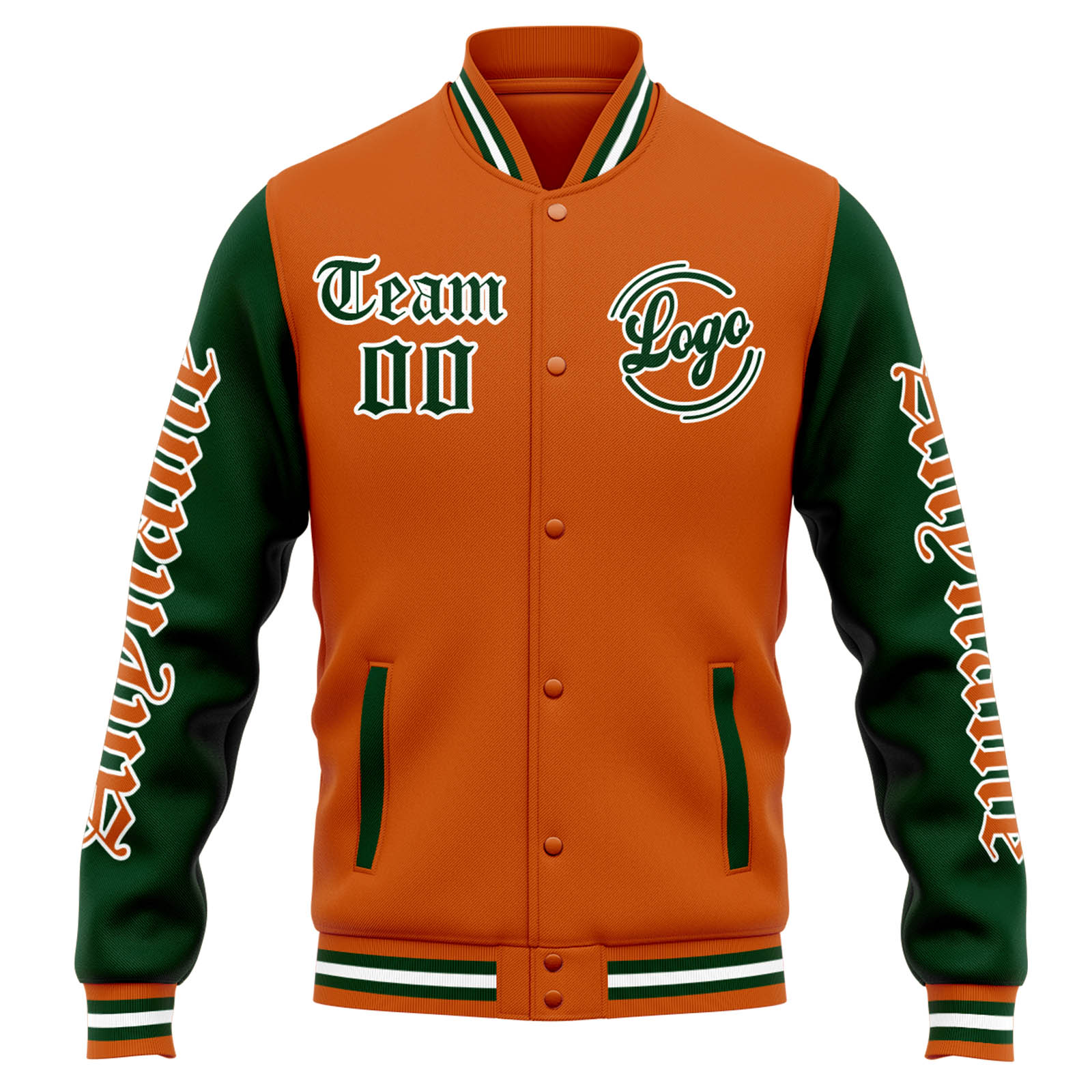 Chaqueta universitaria personalizada estilo Letterman para hombres-mujeres y jóvenes-color naranja y verde oscuro
