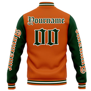 Chaqueta universitaria personalizada estilo Letterman para hombres-mujeres y jóvenes-color naranja y verde oscuro
