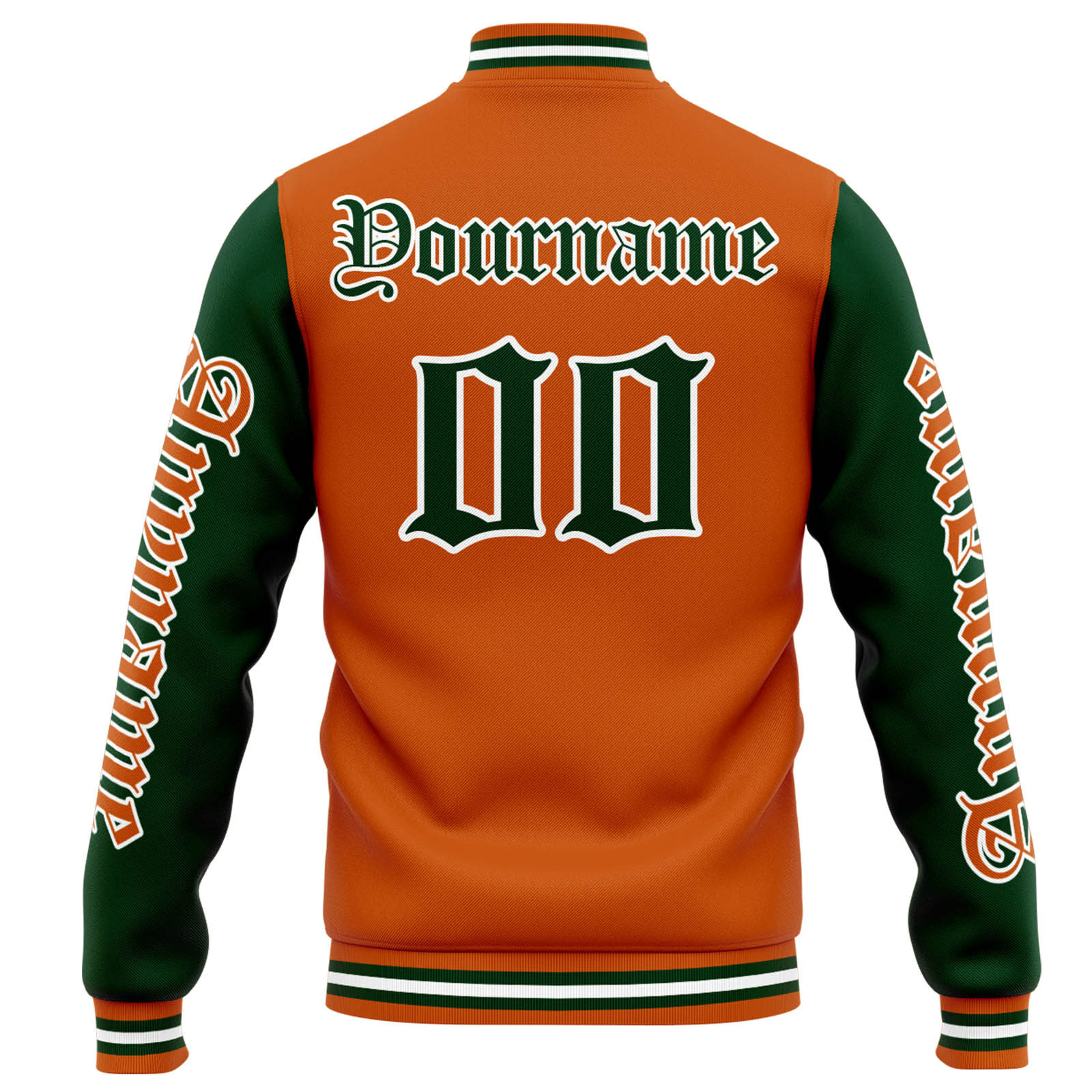 Chaqueta universitaria personalizada estilo Letterman para hombres-mujeres y jóvenes-color naranja y verde oscuro