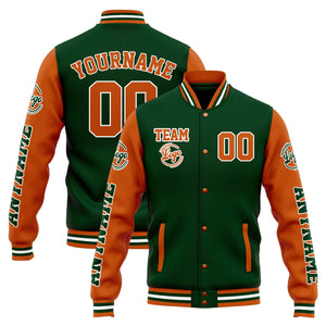 Chaqueta universitaria personalizada estilo Letterman para hombres-mujeres y jóvenes-color verde oscuro y naranja