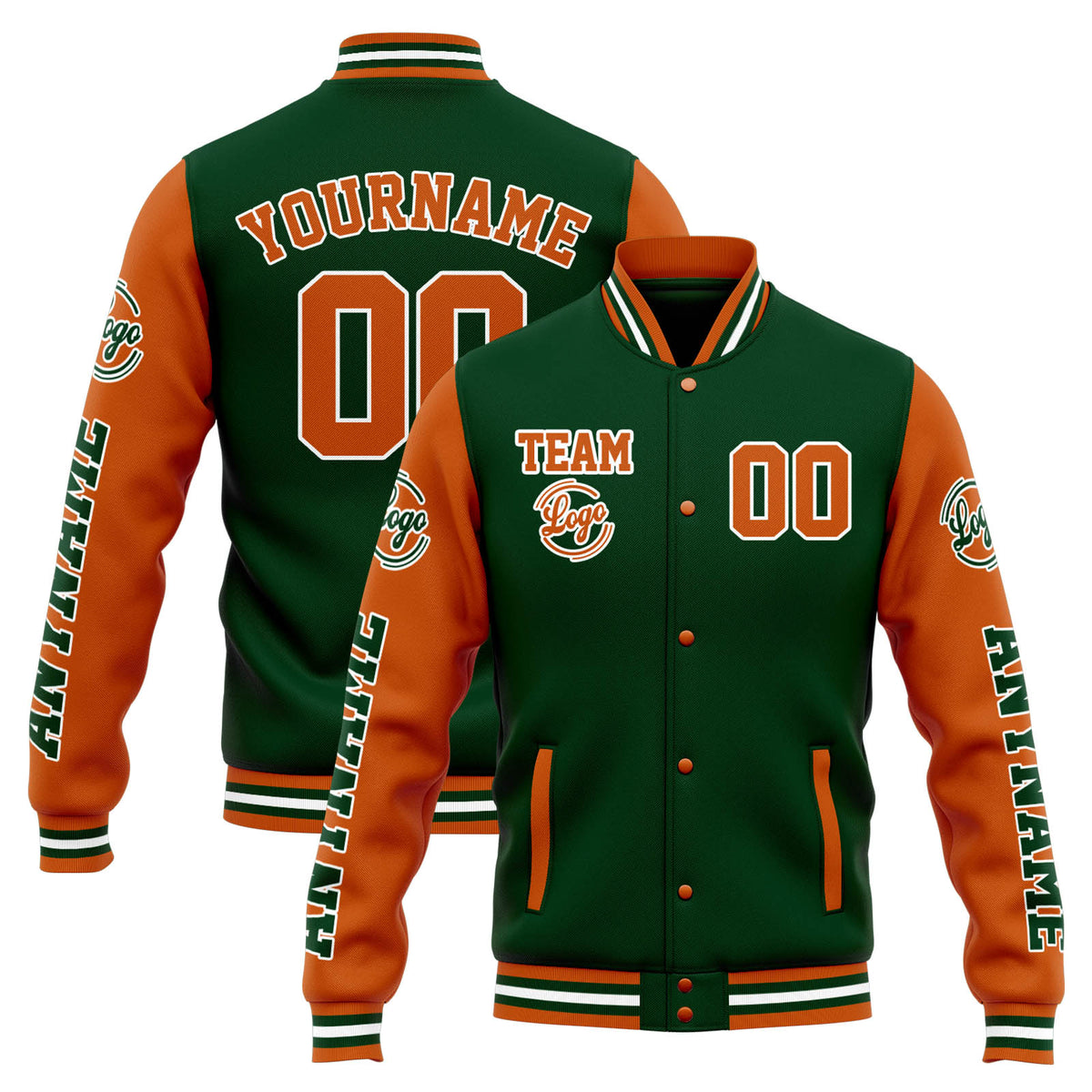 Chaqueta universitaria personalizada estilo Letterman para hombres-mujeres y jóvenes-color verde oscuro y naranja
