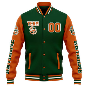 Chaqueta universitaria personalizada estilo Letterman para hombres-mujeres y jóvenes-color verde oscuro y naranja