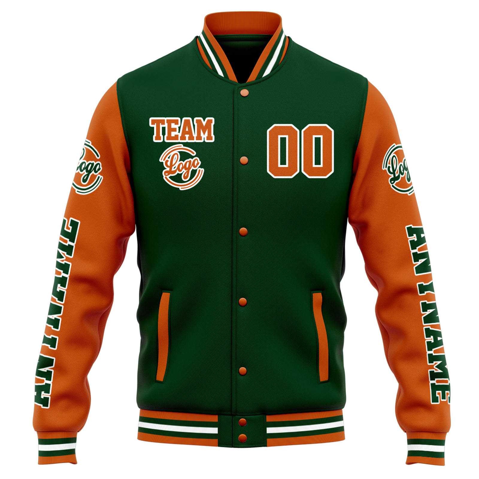 Chaqueta universitaria personalizada estilo Letterman para hombres-mujeres y jóvenes-color verde oscuro y naranja