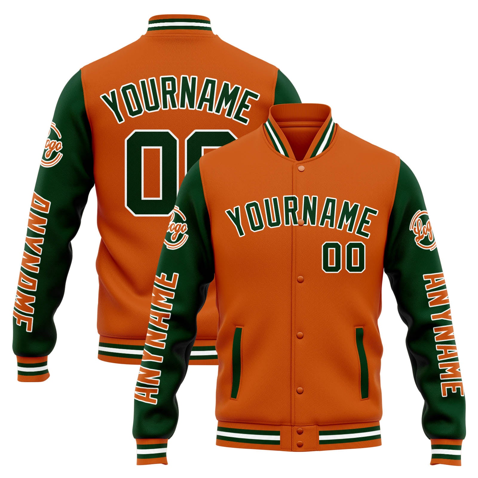 Chaqueta universitaria personalizada estilo Letterman para hombres-mujeres y jóvenes-color naranja y verde oscuro