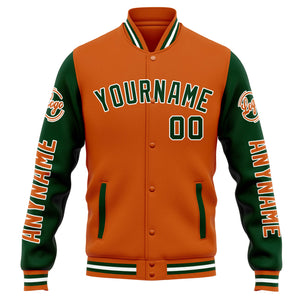 Chaqueta universitaria personalizada estilo Letterman para hombres-mujeres y jóvenes-color naranja y verde oscuro