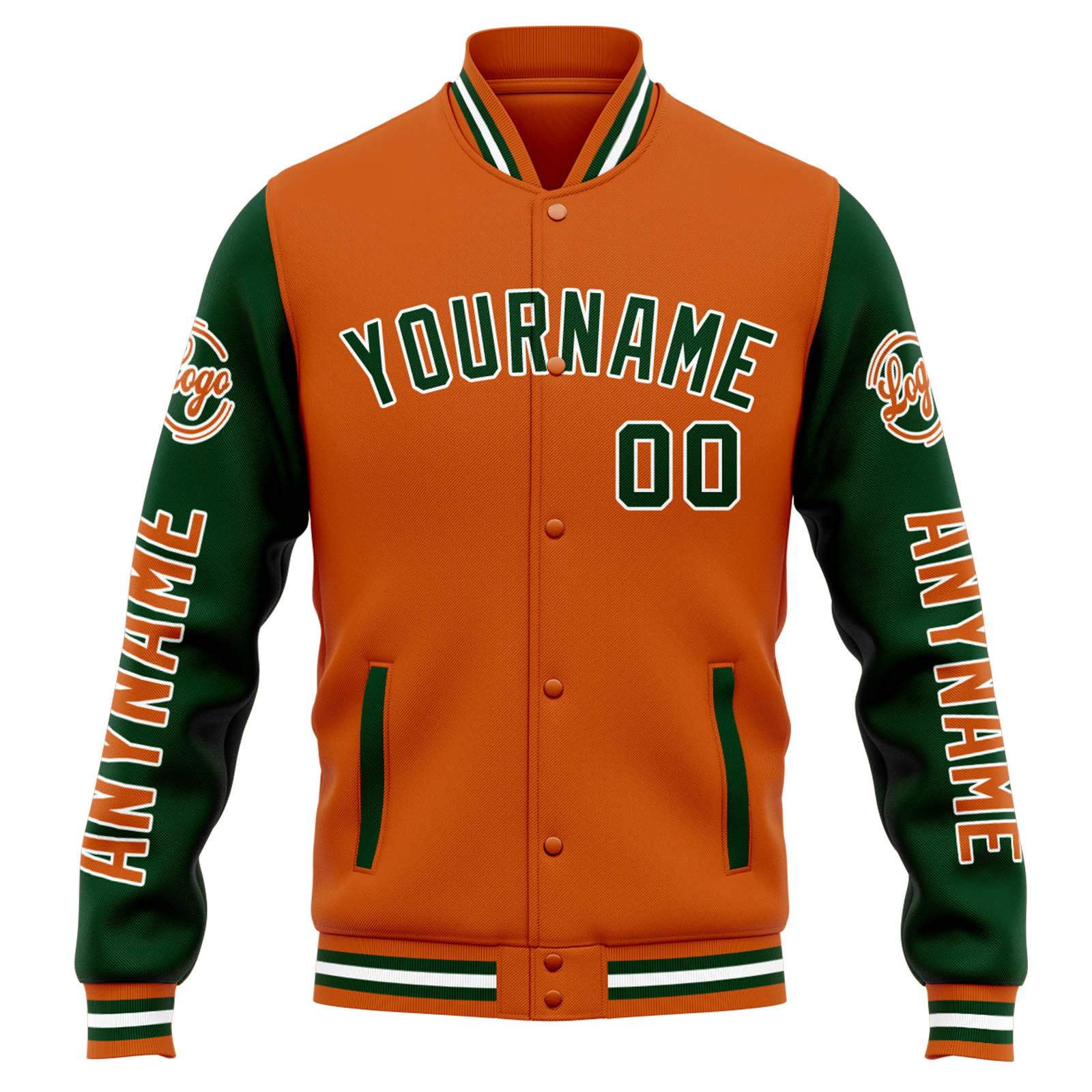 Chaqueta universitaria personalizada estilo Letterman para hombres-mujeres y jóvenes-color naranja y verde oscuro