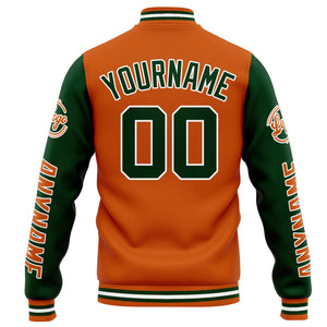Chaqueta universitaria personalizada estilo Letterman para hombres-mujeres y jóvenes-color naranja y verde oscuro