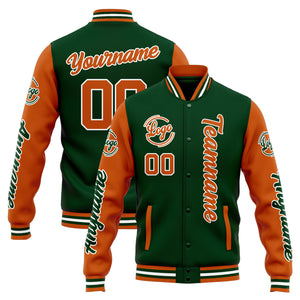 Chaqueta universitaria personalizada estilo Letterman para hombres-mujeres y jóvenes-color verde oscuro y naranja