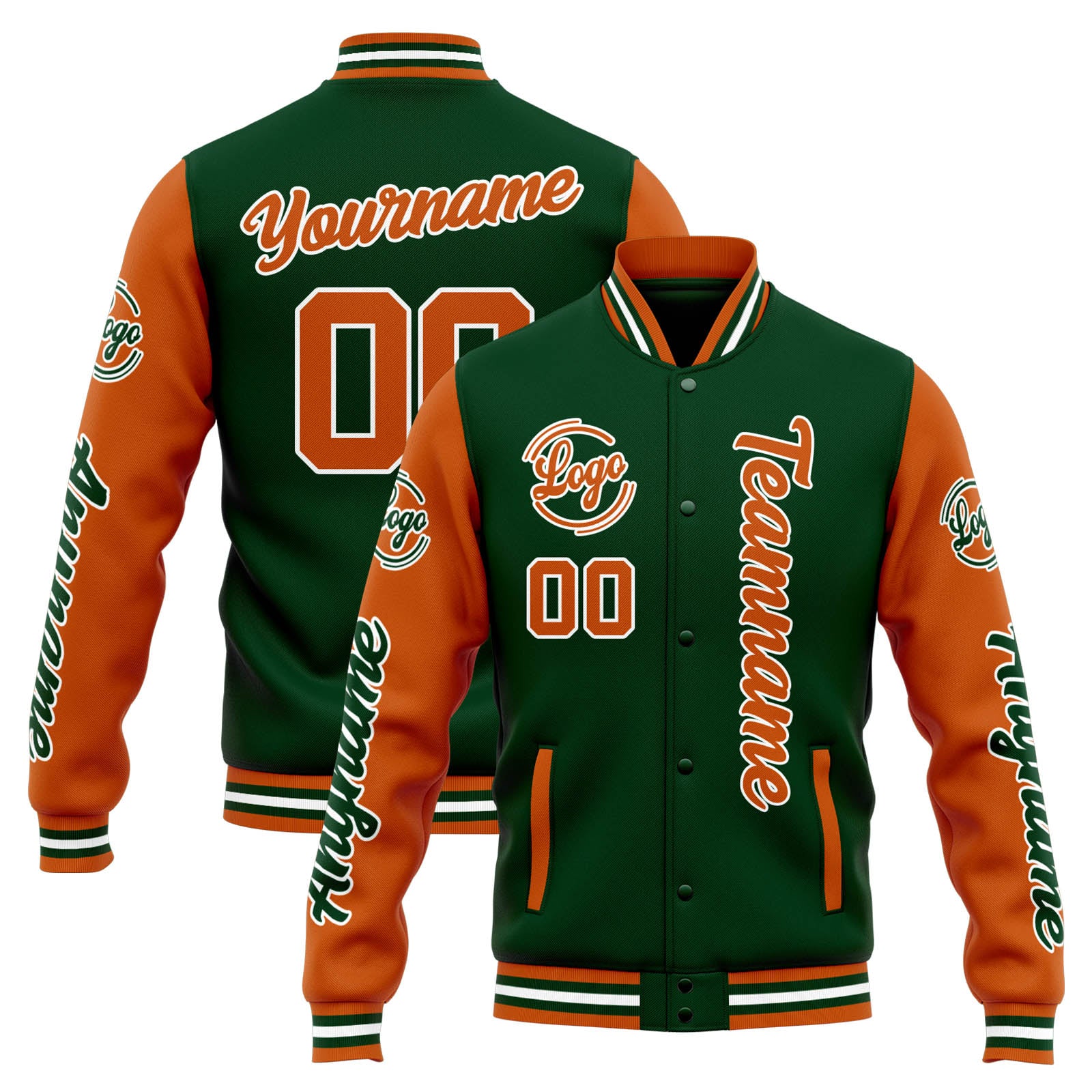 Chaqueta universitaria personalizada estilo Letterman para hombres-mujeres y jóvenes-color verde oscuro y naranja