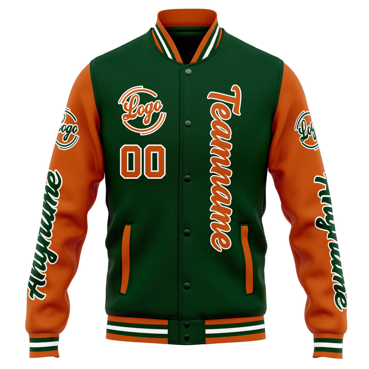 Chaqueta universitaria personalizada estilo Letterman para hombres-mujeres y jóvenes-color verde oscuro y naranja