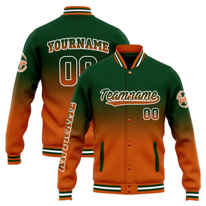 Chaqueta universitaria personalizada estilo Letterman para hombres-mujeres y jóvenes-color verde oscuro degradado naranja