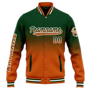 Chaqueta universitaria personalizada estilo Letterman para hombres-mujeres y jóvenes-color verde oscuro degradado naranja