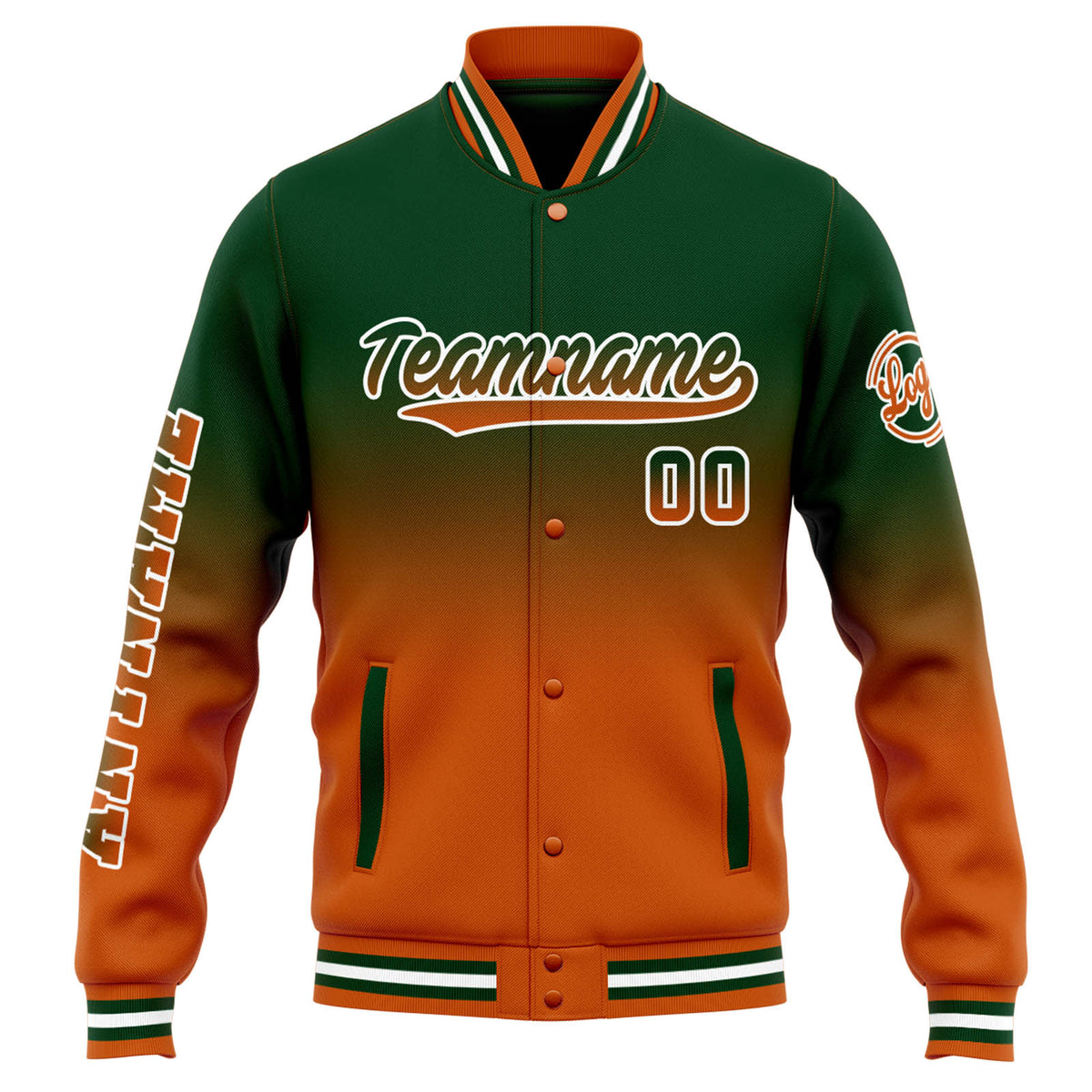 Chaqueta universitaria personalizada estilo Letterman para hombres-mujeres y jóvenes-color verde oscuro degradado naranja