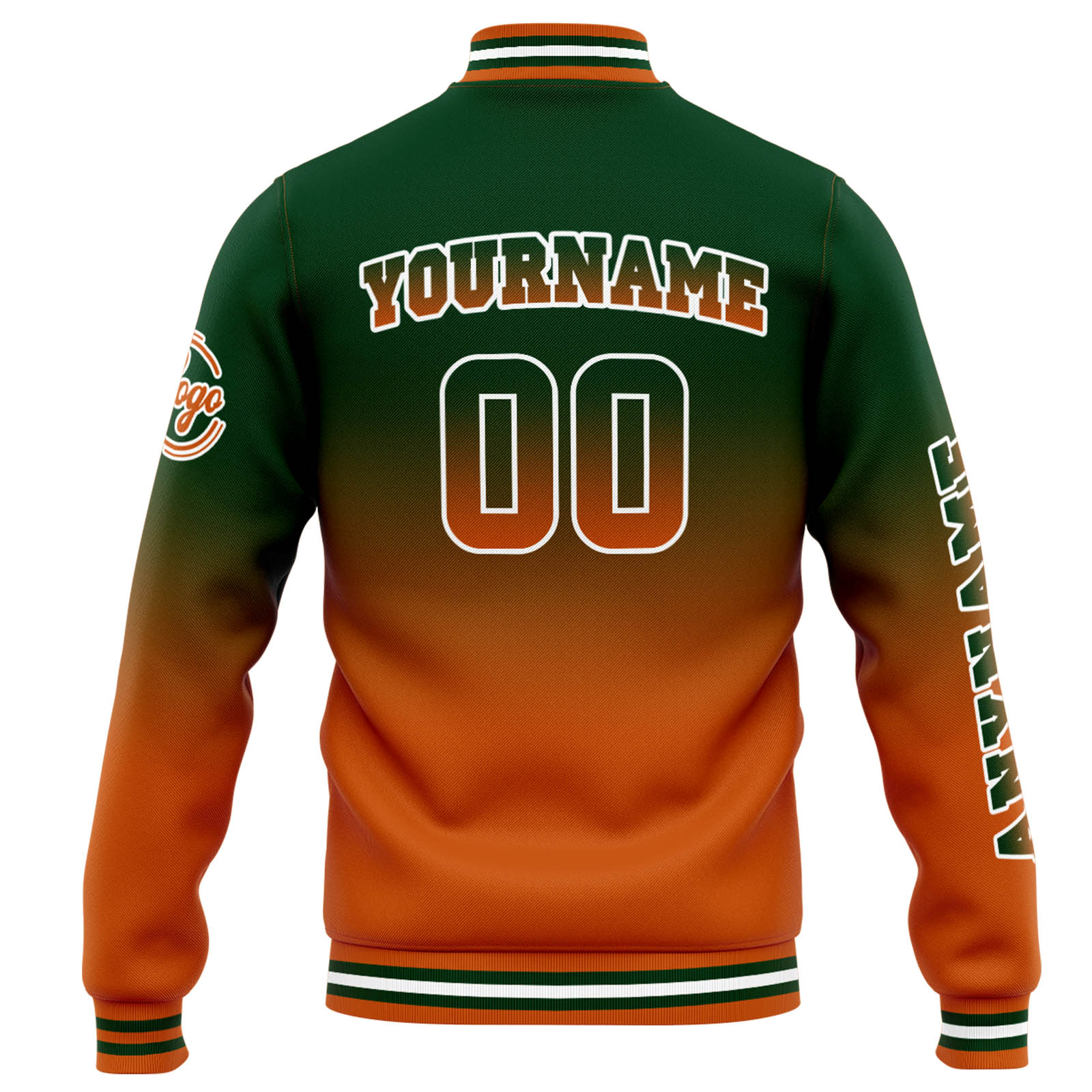 Chaqueta universitaria personalizada estilo Letterman para hombres-mujeres y jóvenes-color verde oscuro degradado naranja