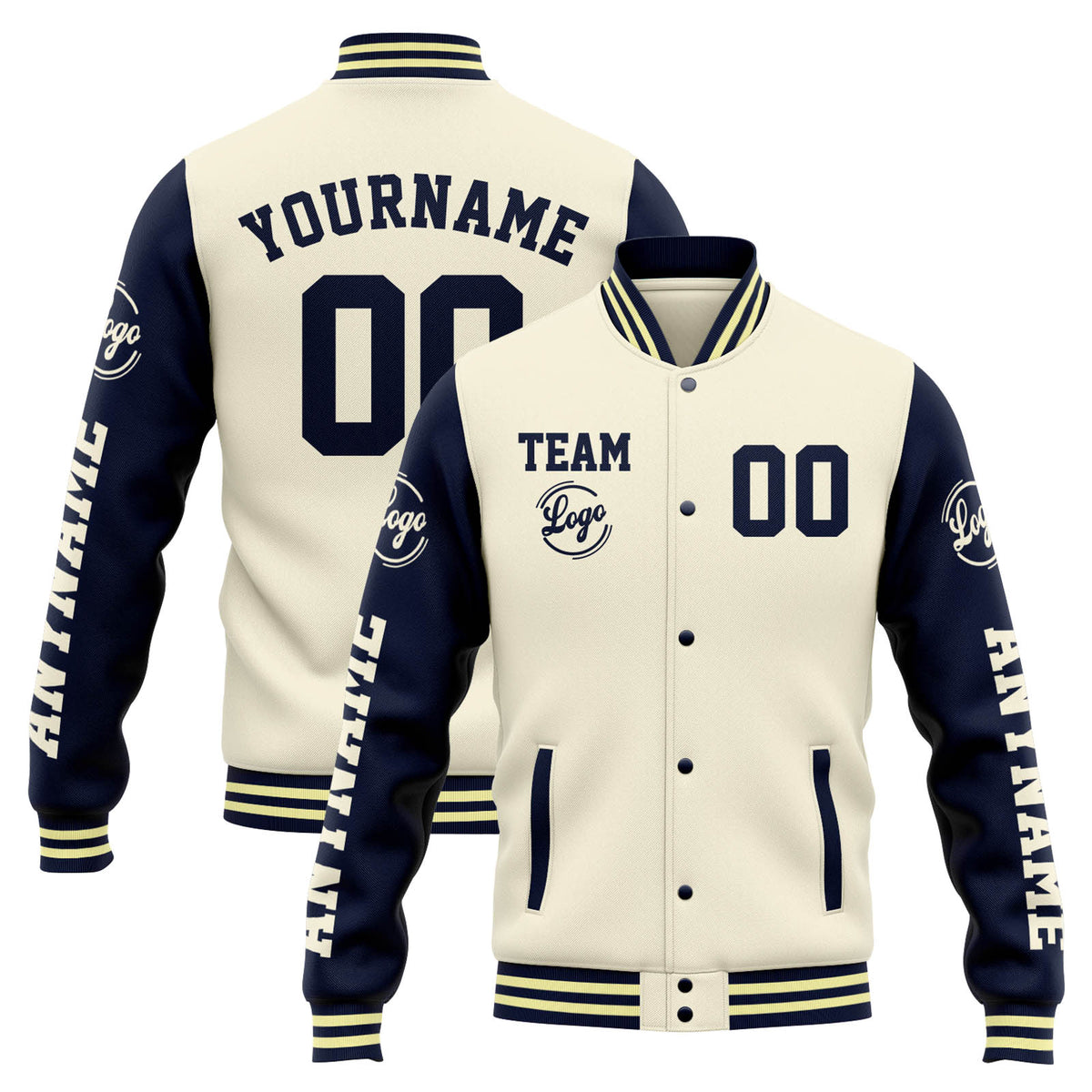 Chaqueta universitaria personalizada estilo Letterman para hombres-mujeres y jóvenes-color crema y azul marino
