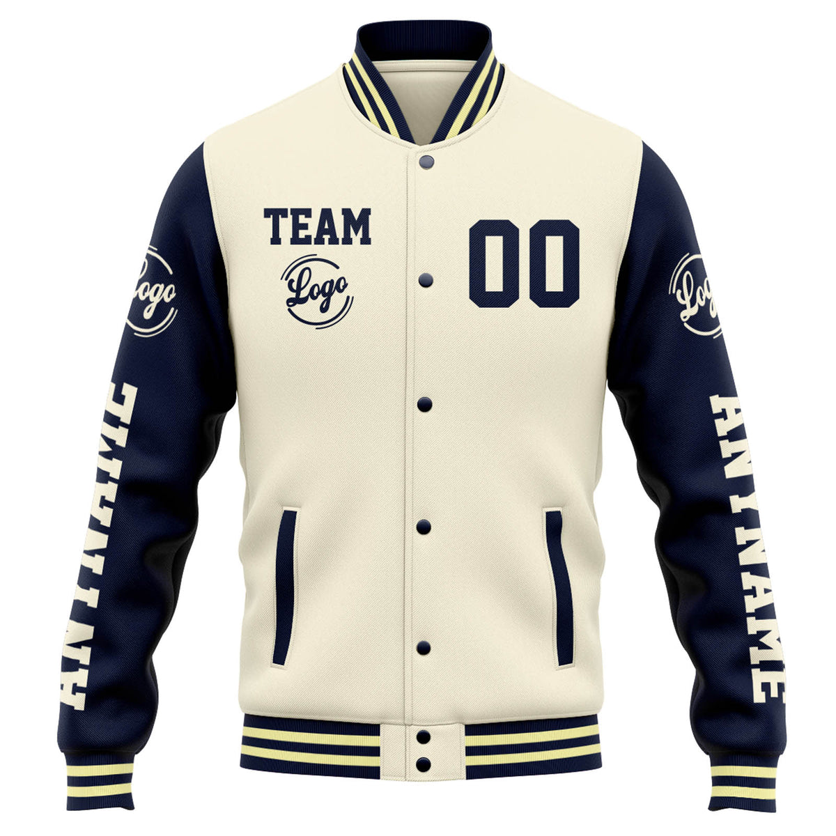 Chaqueta universitaria personalizada estilo Letterman para hombres-mujeres y jóvenes-color crema y azul marino