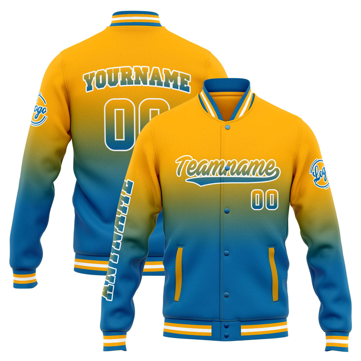 Chaqueta universitaria personalizada estilo Letterman para hombres-mujeres y jóvenes-color naranja degradado azul